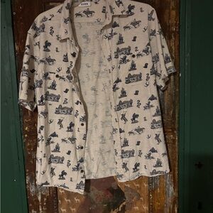 Men's Casual Short-Sleeve Western Print Button-Down Shirt in White and Navy